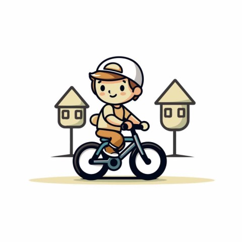 Cute boy riding a bicycle on the street. Vector illustration.