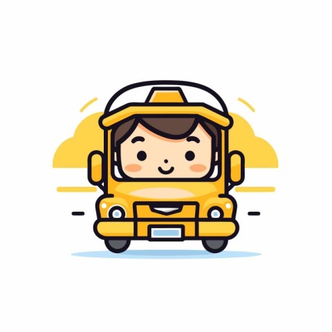 Cute little boy driving school bus. Vector illustration in carto