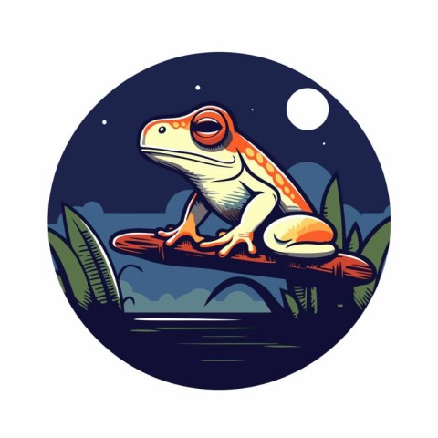 Frog sitting on a branch in the jungle. Vector illustration.