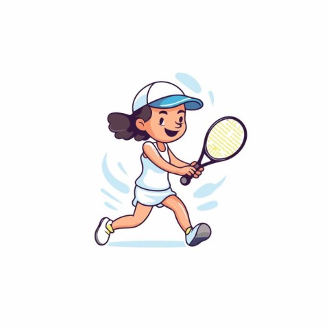 Cute little girl playing tennis. Vector illustration in cartoon