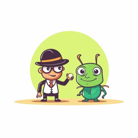 Funny cartoon green alien in a hat and suit. Vector illustration