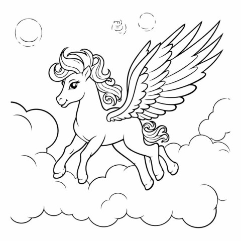 Unicorn flying in the clouds. Black and white vector illustratio