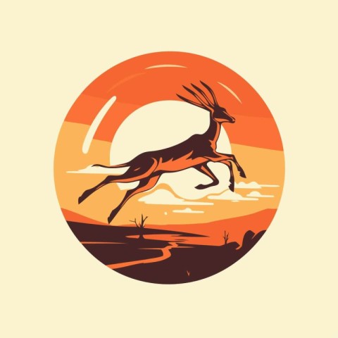 Gazelle silhouette on sunset background. Vector illustration in