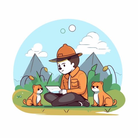 Boy with a dog in the park. Vector illustration in cartoon style