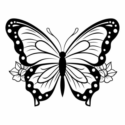 Butterfly with flowers. Black and white vector illustration isol