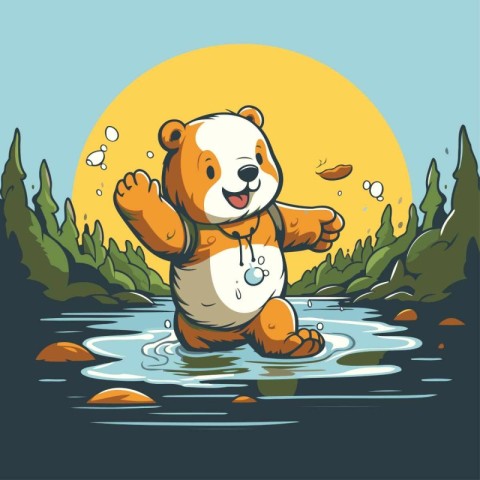 Cute cartoon panda playing in the water. Vector illustration.