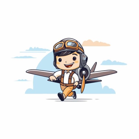 Aviator cartoon character with airplane. Vector illustration iso