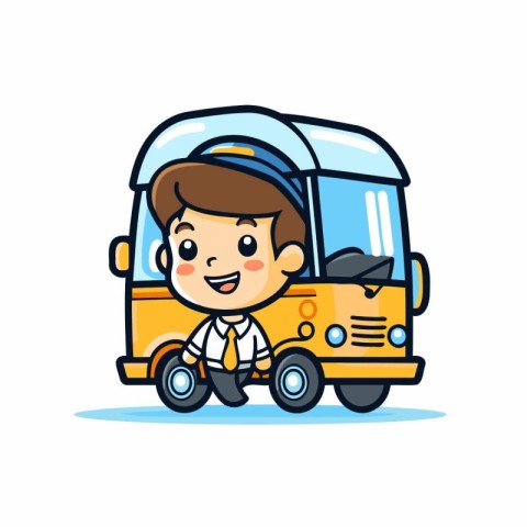 Cute schoolboy riding a school bus. Vector cartoon illustration.