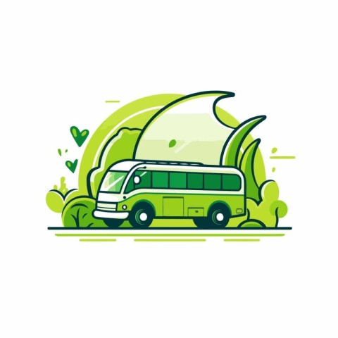 Green bus with moon and trees. Vector illustration in flat style