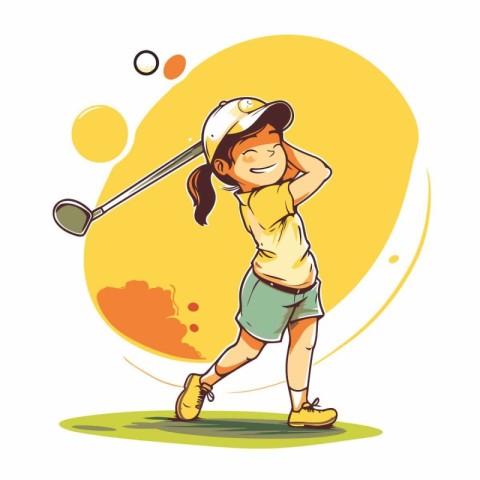 Little girl playing golf. Vector illustration of a child playing