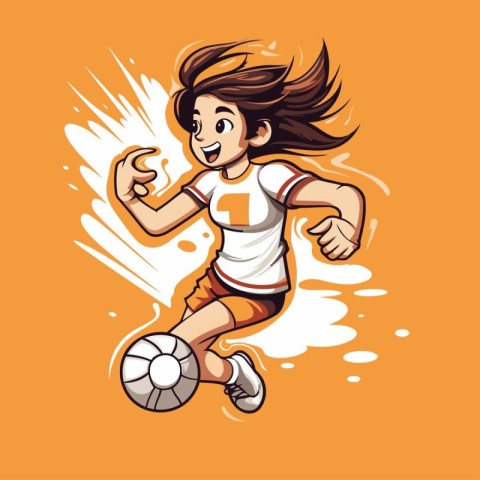 Cartoon soccer player girl kicking the ball. Vector illustration