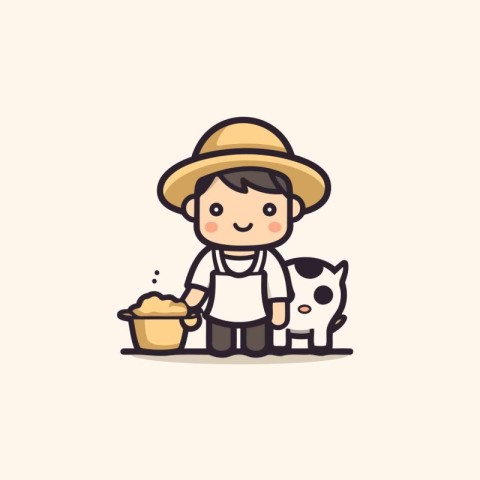 Cute little boy with dog and bowl of food. Vector illustration.