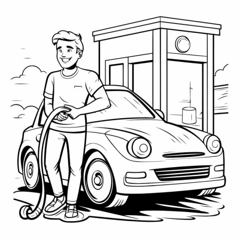 Man with an electric car. Cartoon illustration of a man with an