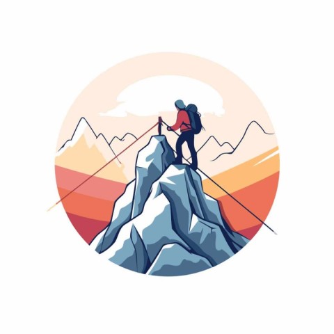 Vector illustration of a mountain climber on the top of a mounta