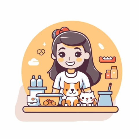 Girl with cat in pet shop. Pet care concept. Vector illustration