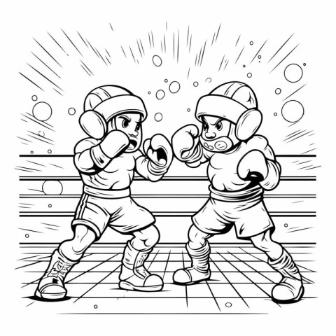 Boxing in the gym. Black and white vector illustration for color