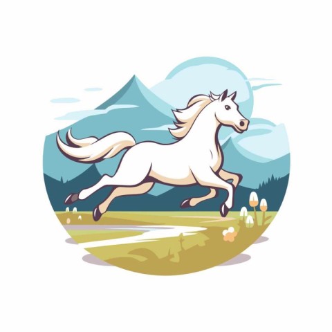 White horse running in the field. Vector illustration in cartoon