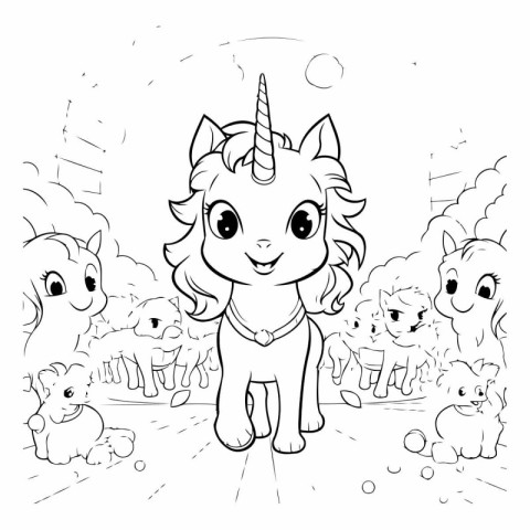 Coloring Page Outline Of a cute unicorn with her little friends.