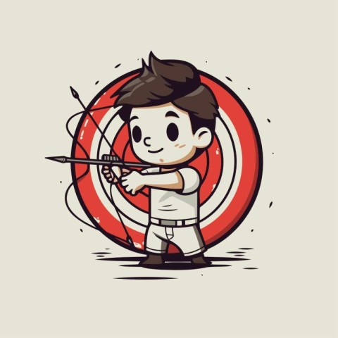 Cartoon boy aiming with a bow and arrow. Vector illustration.