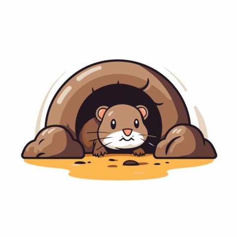 Cute cartoon hamster in a stone house. Vector illustration.