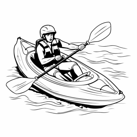 Man rowing a kayak. Black and white vector illustration.