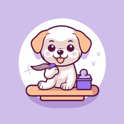 Cute cartoon dog with a knife on a plate. Vector illustration