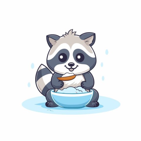 Cute raccoon with a bowl of water. Vector illustration.