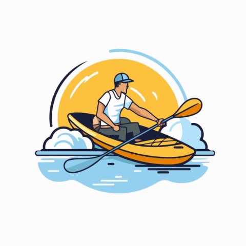 Man in a kayak on the sea. Flat style vector illustration.