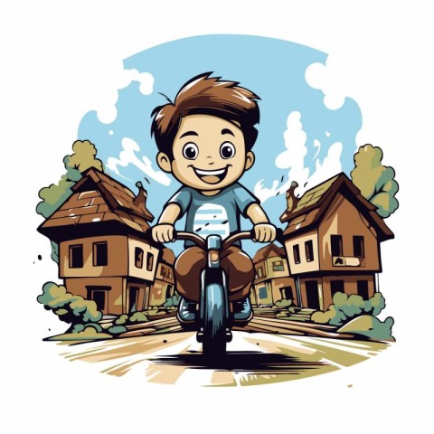 Boy riding a motorcycle on the road in the village. Vector illus