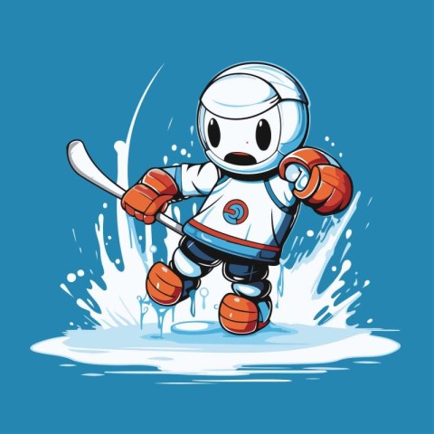 Cute cartoon ice hockey player with stick and puck. Vector illus