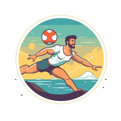 Soccer player with ball on the beach. Vector illustration in ret