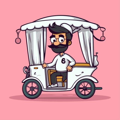 Cartoon Indian tuk tuk taxi driver. Vector illustration.