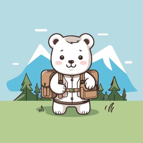 cute bear with backpack in the landscape. vector illustration in