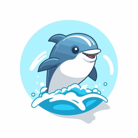 Cute cartoon dolphin jumping out of the water. Vector illustrati