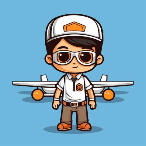 Cute boy in pilot costume with airplane cartoon vector illustrat