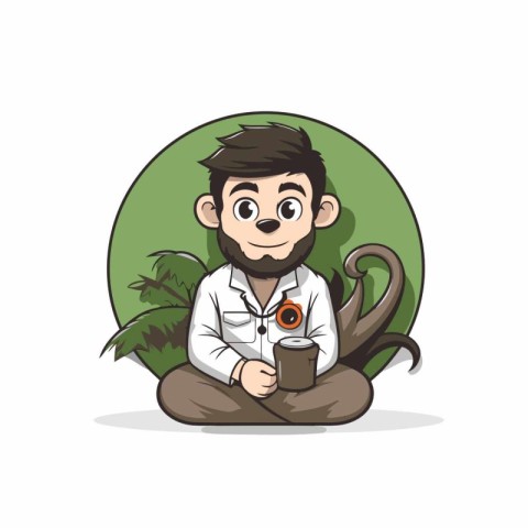 Cute cartoon monkey sitting and holding a candle. Vector illustr