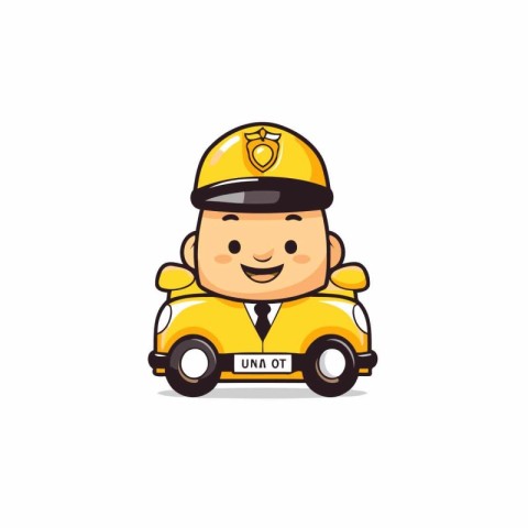 cute taxi driver with yellow car on white background. vector ill