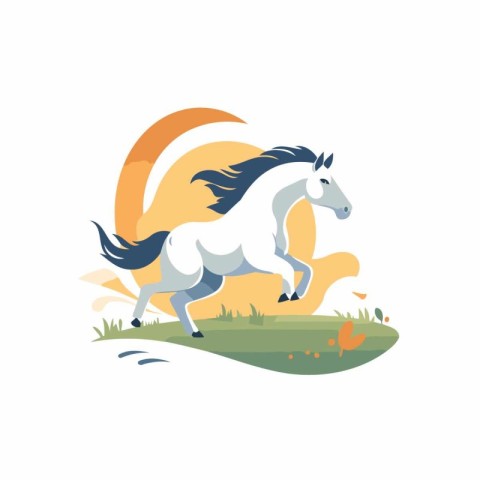 White horse running in the meadow. Vector illustration in flat s