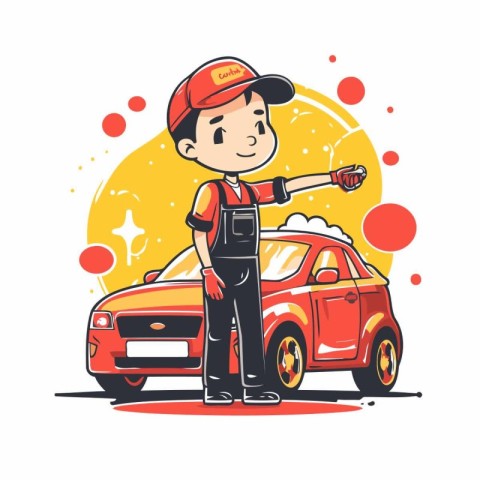 Cartoon car mechanic standing near the red car. Vector illustrat