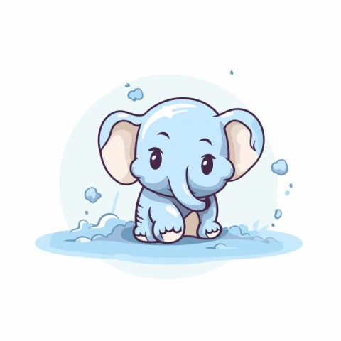 Cute cartoon baby elephant sitting in the water. Vector illustra