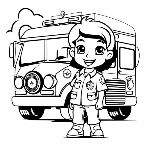 Black and White Cartoon Illustration of a Kid Boy Scout or Eleme