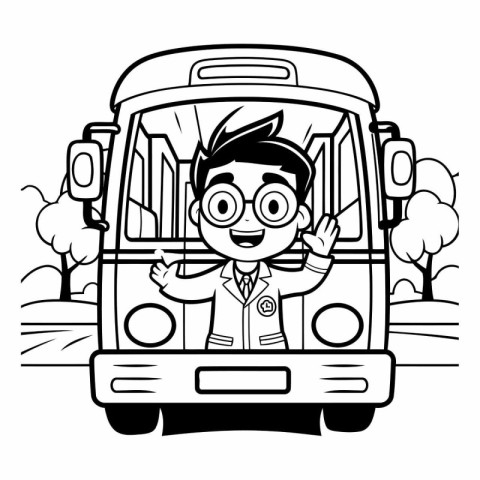 Black and White Cartoon Illustration of School Bus Driver Charac