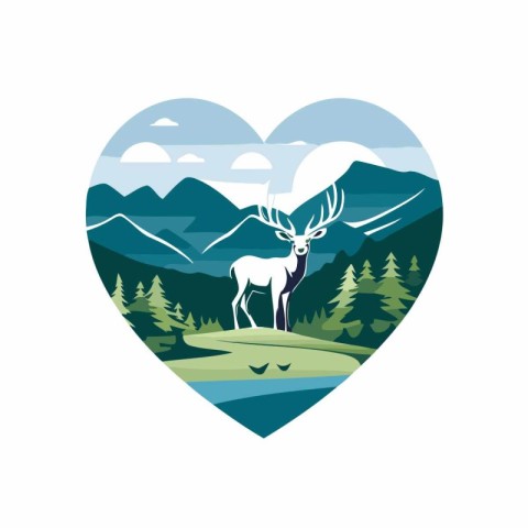 Deer in the heart shape with mountains in the background. Vector