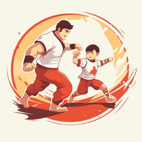 Athletic boy and his father are fighting. Vector illustration.