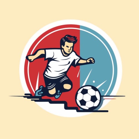 Soccer player kicking the ball on the field. Vector illustration