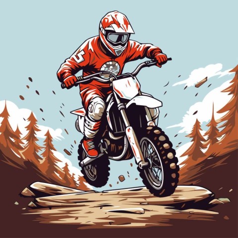 Motocross rider on the road. Vector illustration in retro style.