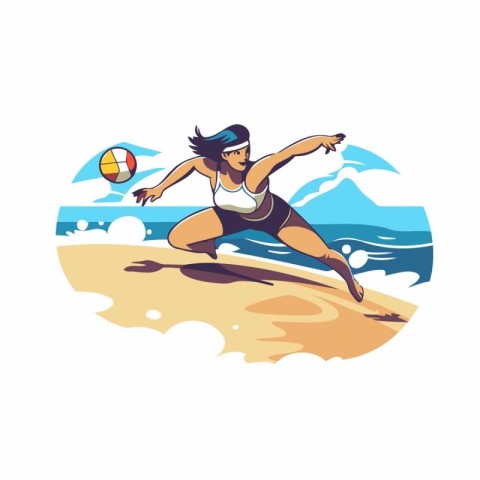 Girl playing beach volleyball on the beach. Vector illustration