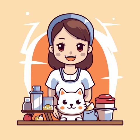 Cute girl with a cat in the kitchen. Vector illustration.