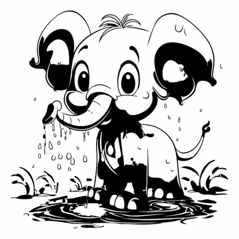 Elephant in a puddle - Black and White Cartoon Illustration