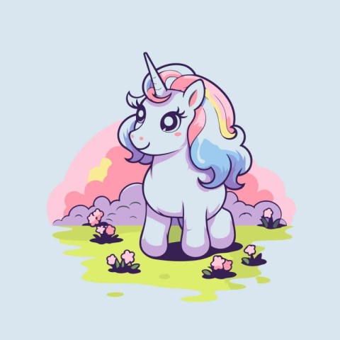 Cute cartoon unicorn on the grass. Vector illustration in a flat